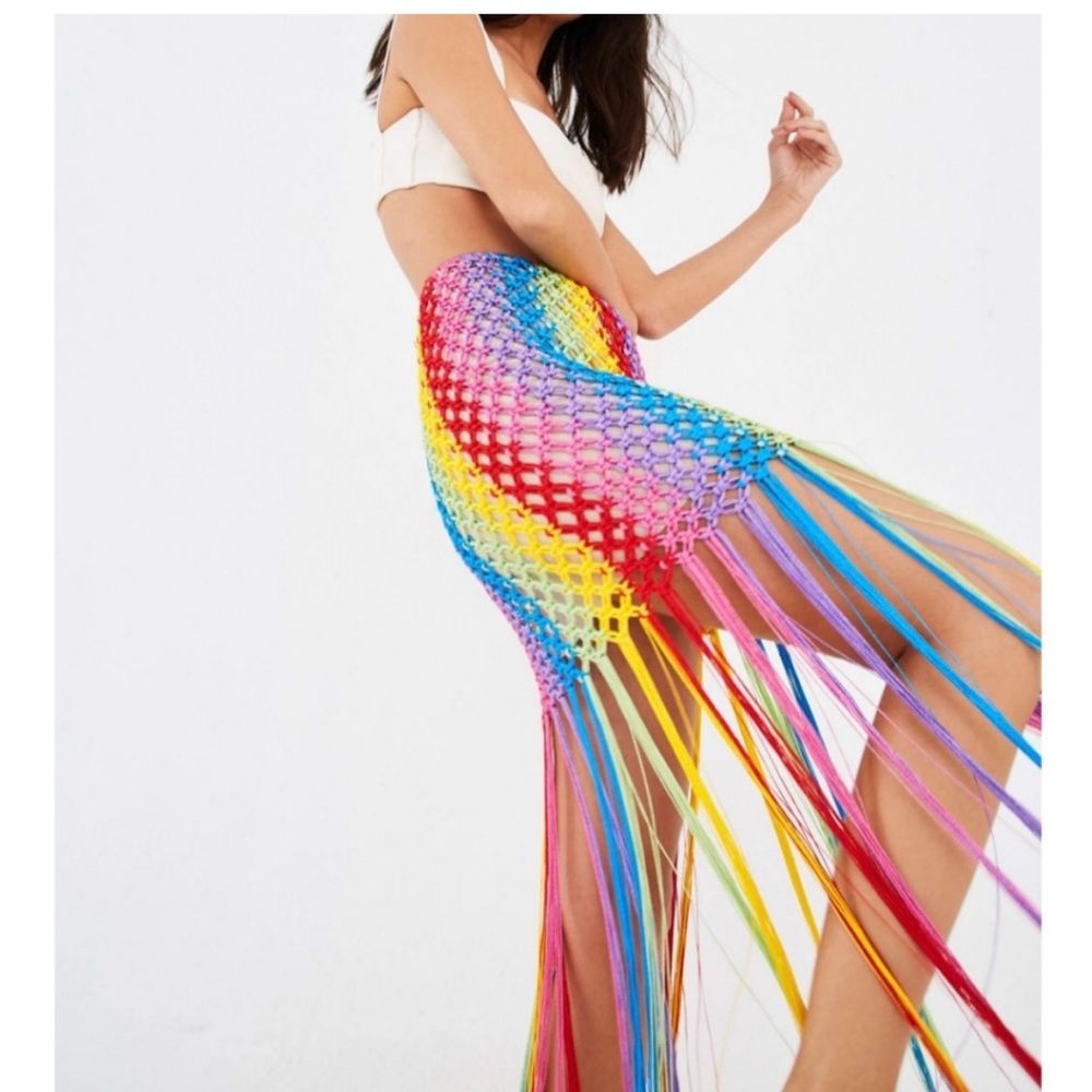 Farm Rio rainbow crochet fringe skirt